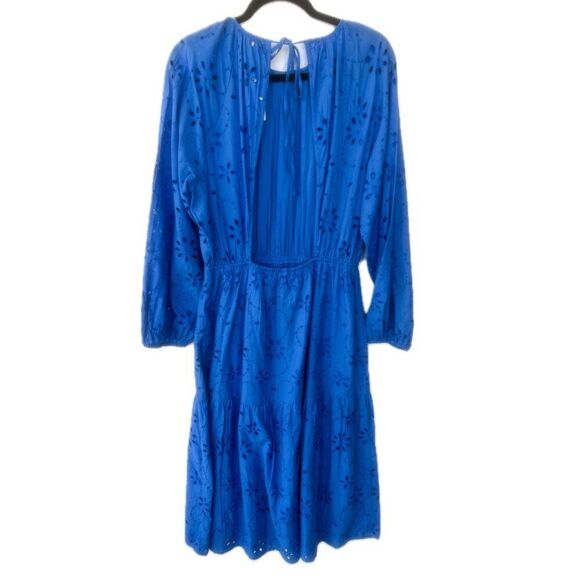 NWT H&M Blue Embroidered Eyelet Lace Long Puff Sleeve Open Back Midi Dress - Picture 8 of 14